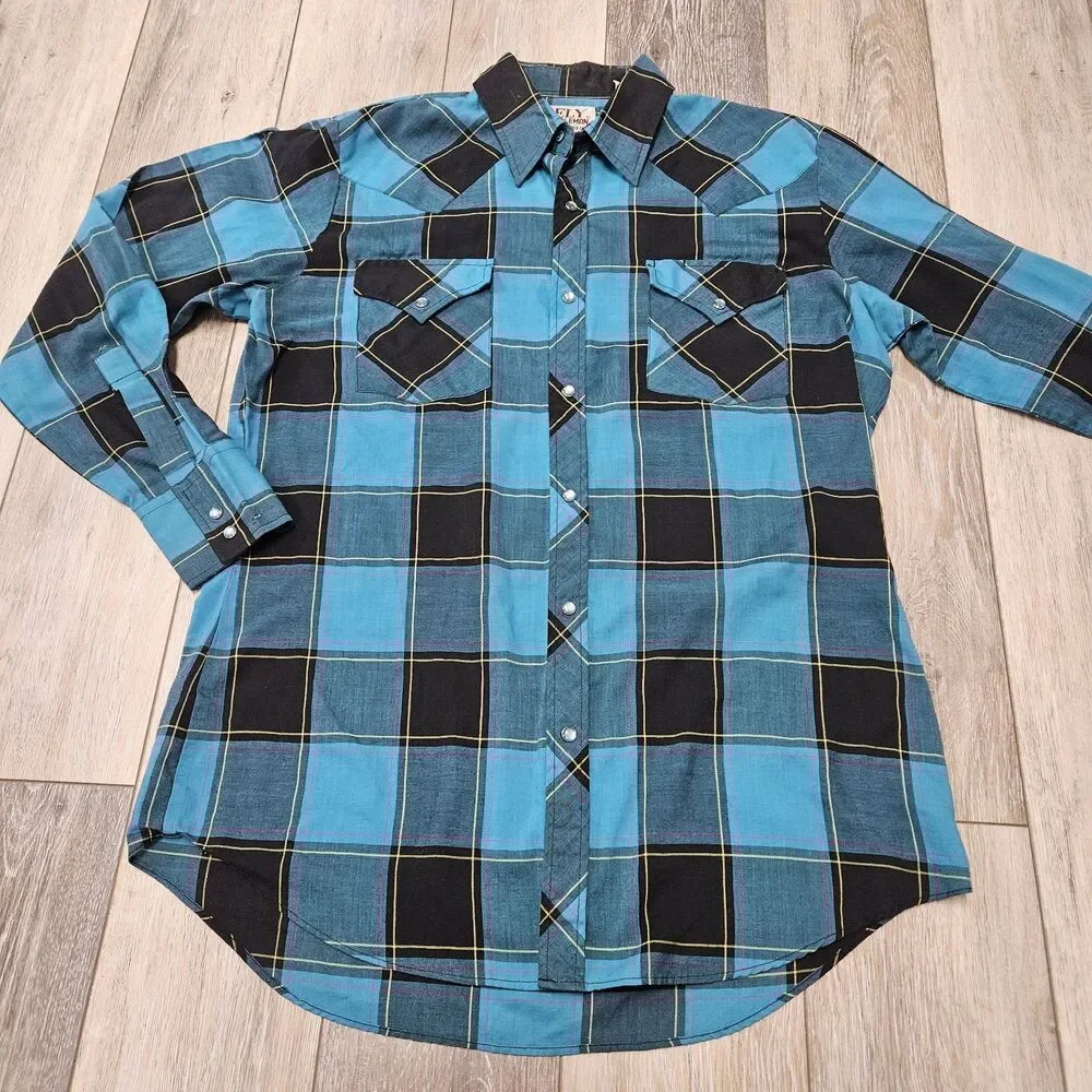 Ely Cattleman Vintage Pearl Snap Western Shirt Plaid Blue Men's Medium